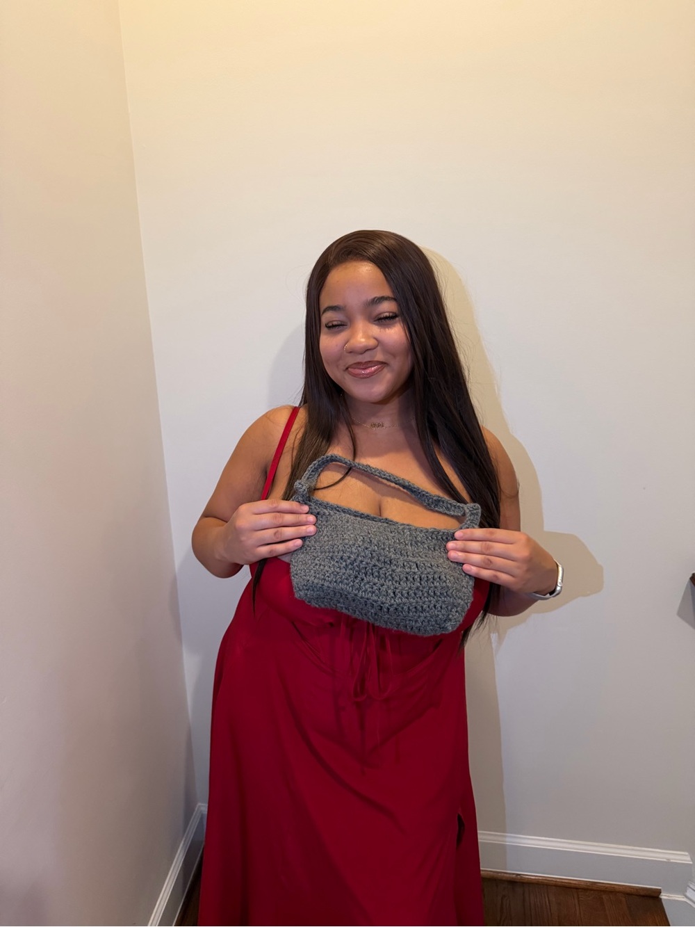 Hand Crafted Gray Crochet Mini Shoulder Bag